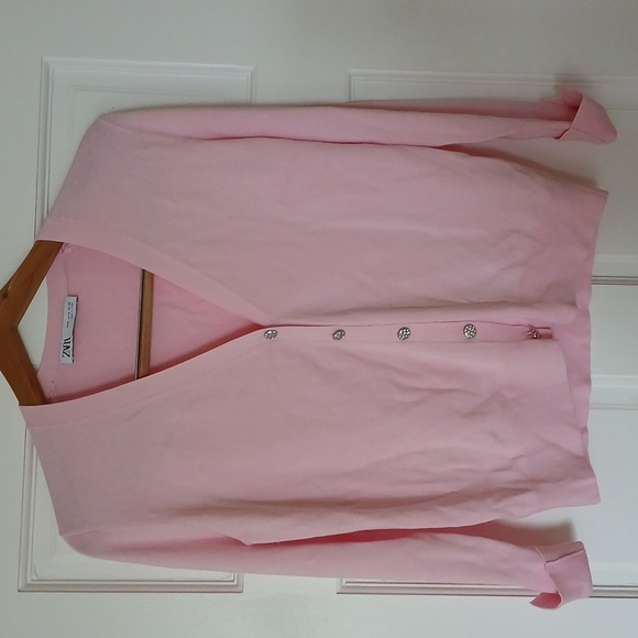 New-Zara Pink Crystal Silver Buttons V Neck 83% Viscose Cardigan - Picture 1 of 9